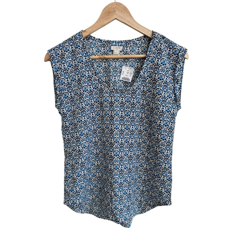 J Crew Blue Foulard Print Cap Short Sleeve Scoop Neck Womens Size 0 Pullover NEW